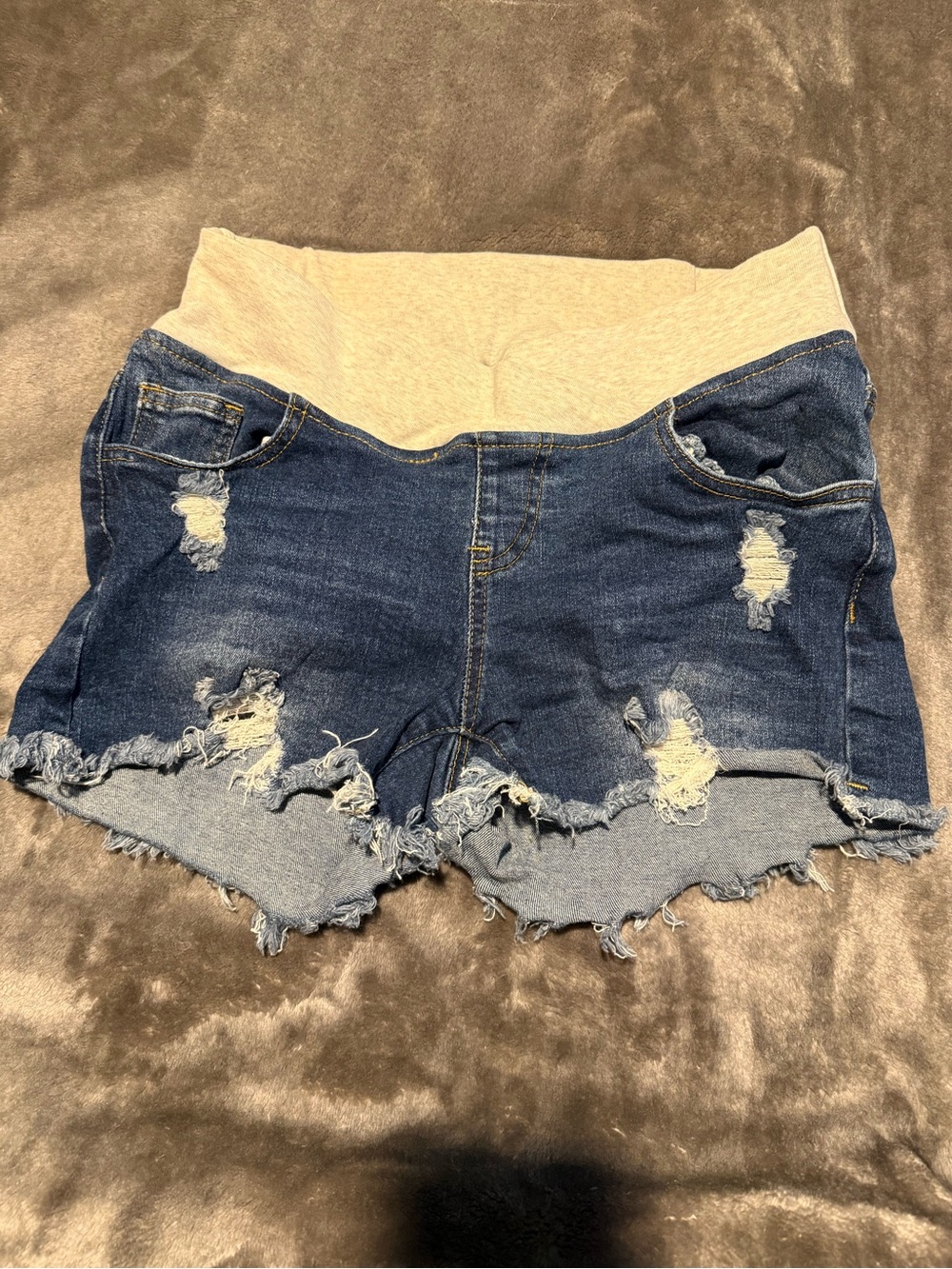 Distressed Maternity Denim Shorts with Stretch Waistband - Blue